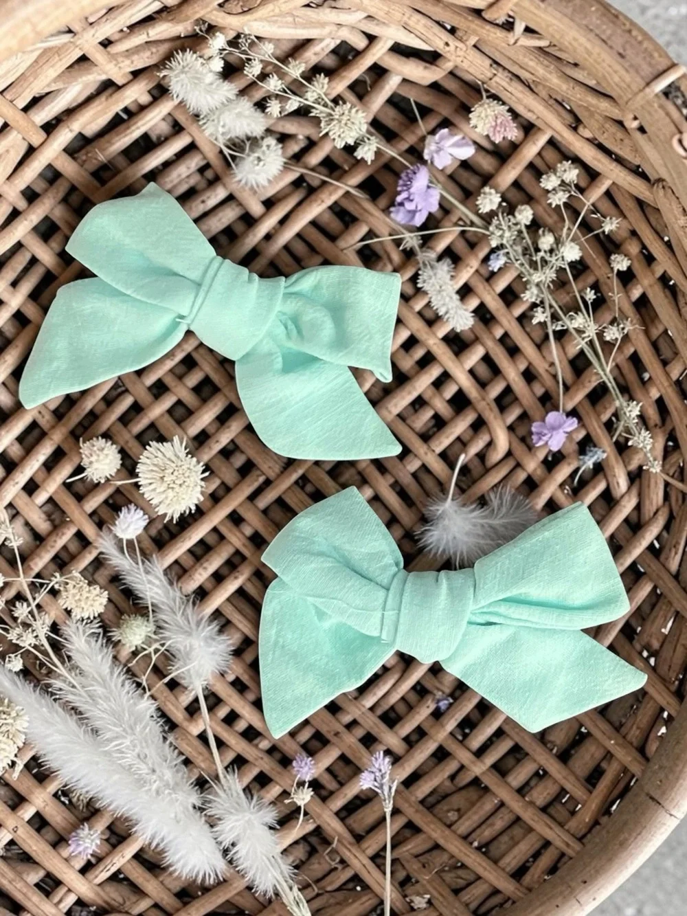 Set of 2 Mint Green Linen Hair Bows Cottagecore Classic Alligator Clips